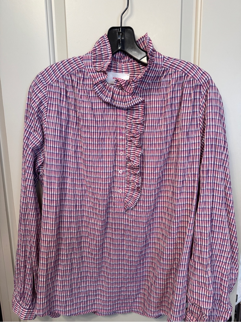 Xirena women’s Pink & Blue Plaid Ruffle-Front Blouse